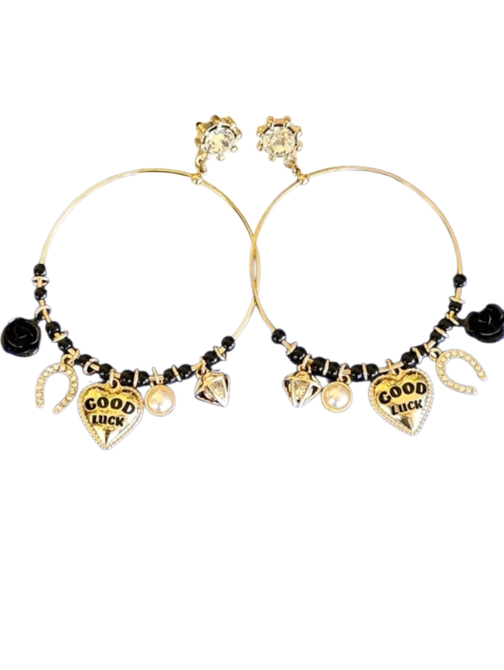 🖤💎🍀BOGO* Betsey Johnson Gold and Black LUCKY CHARMS Hoop Earrings - NWT🍀💎🖤